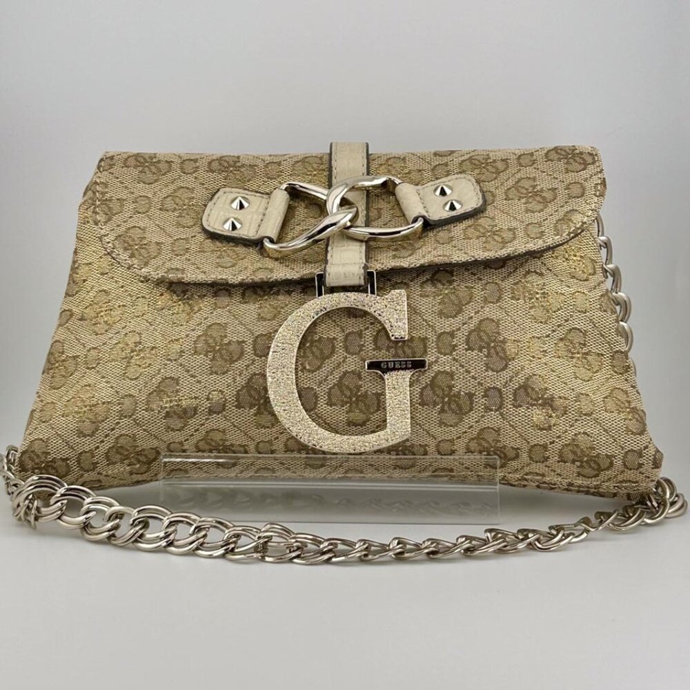 Vintage Y2k Guess Monogram Gold Shoulder Purse with Chain Strap